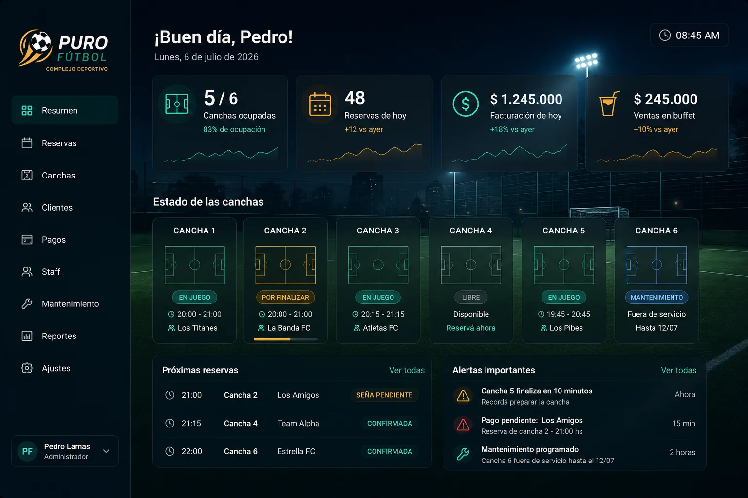 Panel de control del Centro de Operaciones Deportivo, vista de escritorio