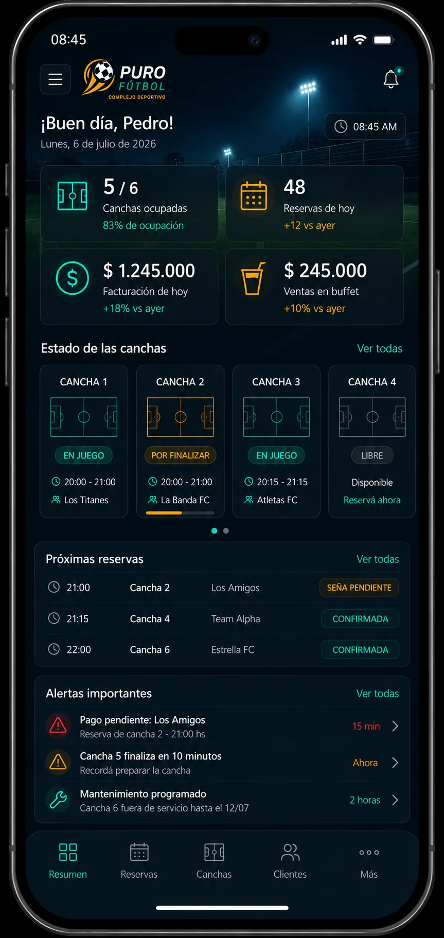 Panel de control del Centro de Operaciones Deportivo, vista mobile