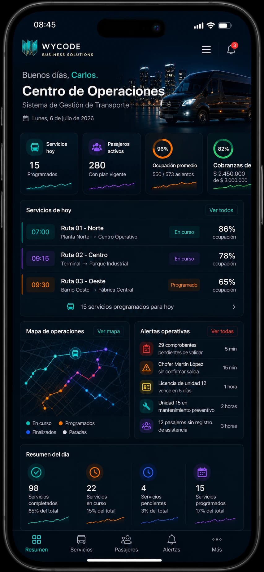 Vista móvil del sistema de gestión de Wycode
